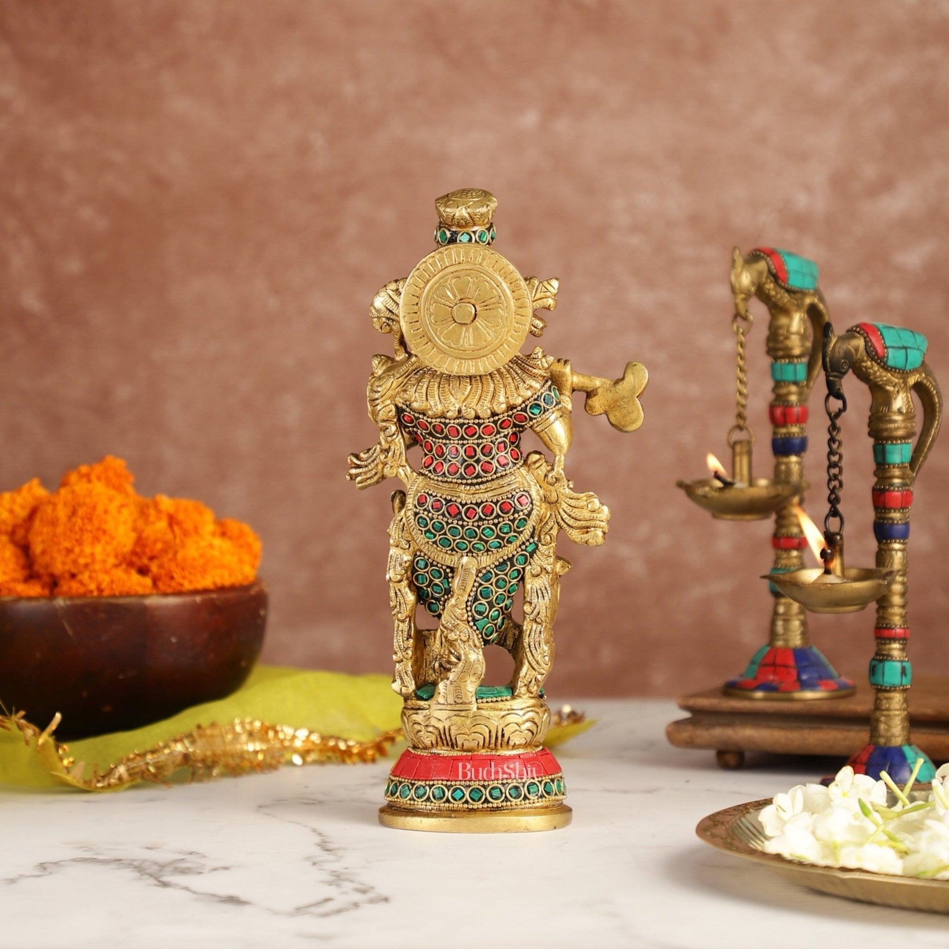 Exquisite 9.5-Inch Brass Krishna Idol with Stunning Natural Stone Meenakari
