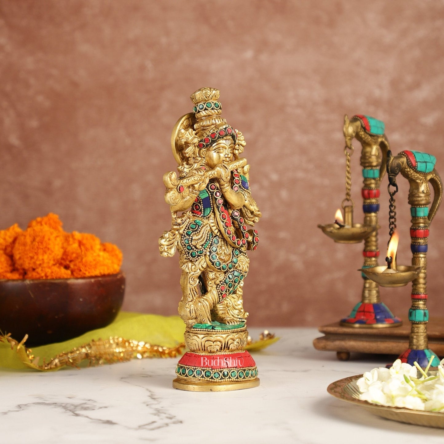 Exquisite 9.5-Inch Brass Krishna Idol with Stunning Natural Stone Meenakari