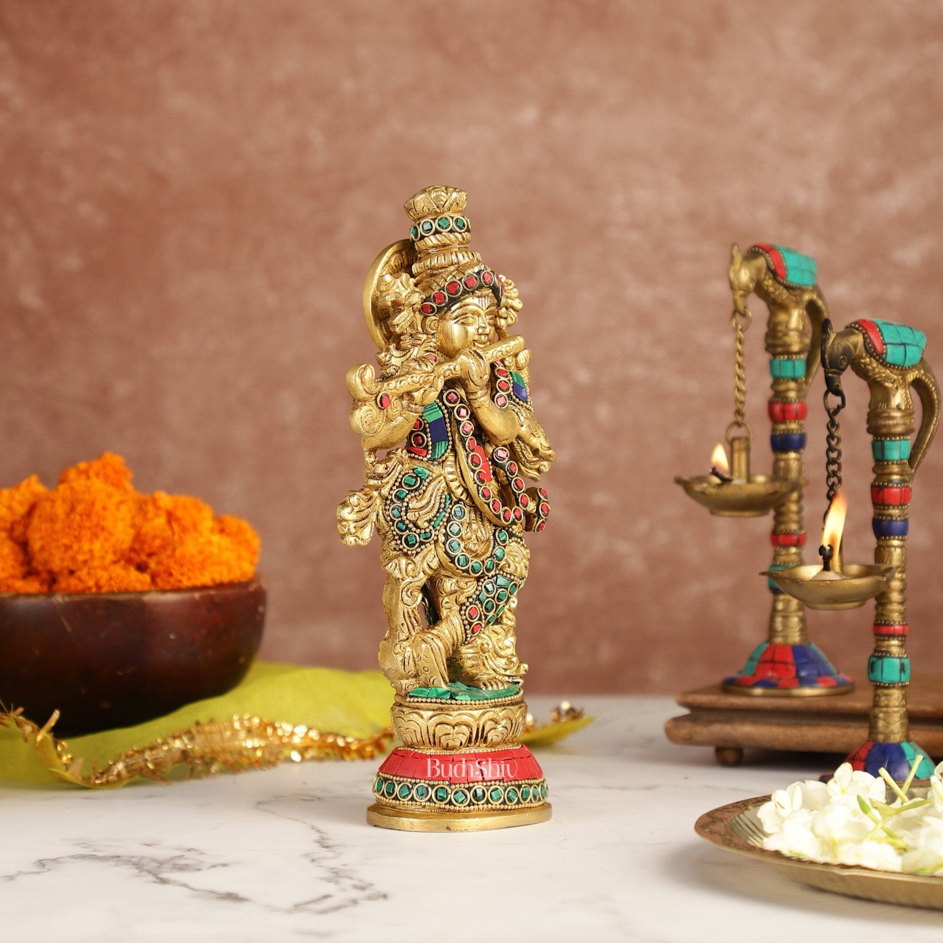 Exquisite 9.5-Inch Brass Krishna Idol with Stunning Natural Stone Meenakari