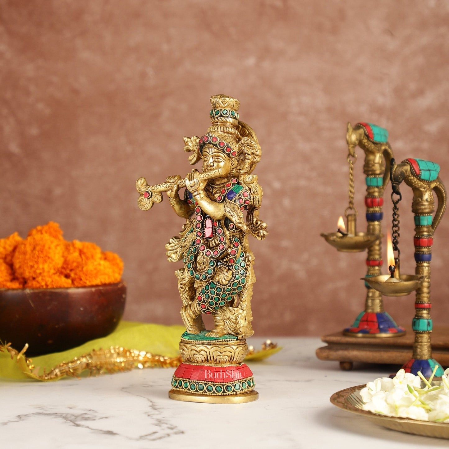 Exquisite 9.5-Inch Brass Krishna Idol with Stunning Natural Stone Meenakari