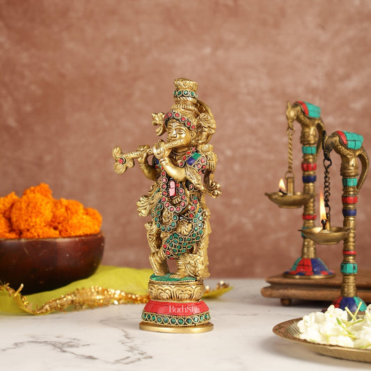 Exquisite 9.5-Inch Brass Krishna Idol with Stunning Natural Stone Meenakari