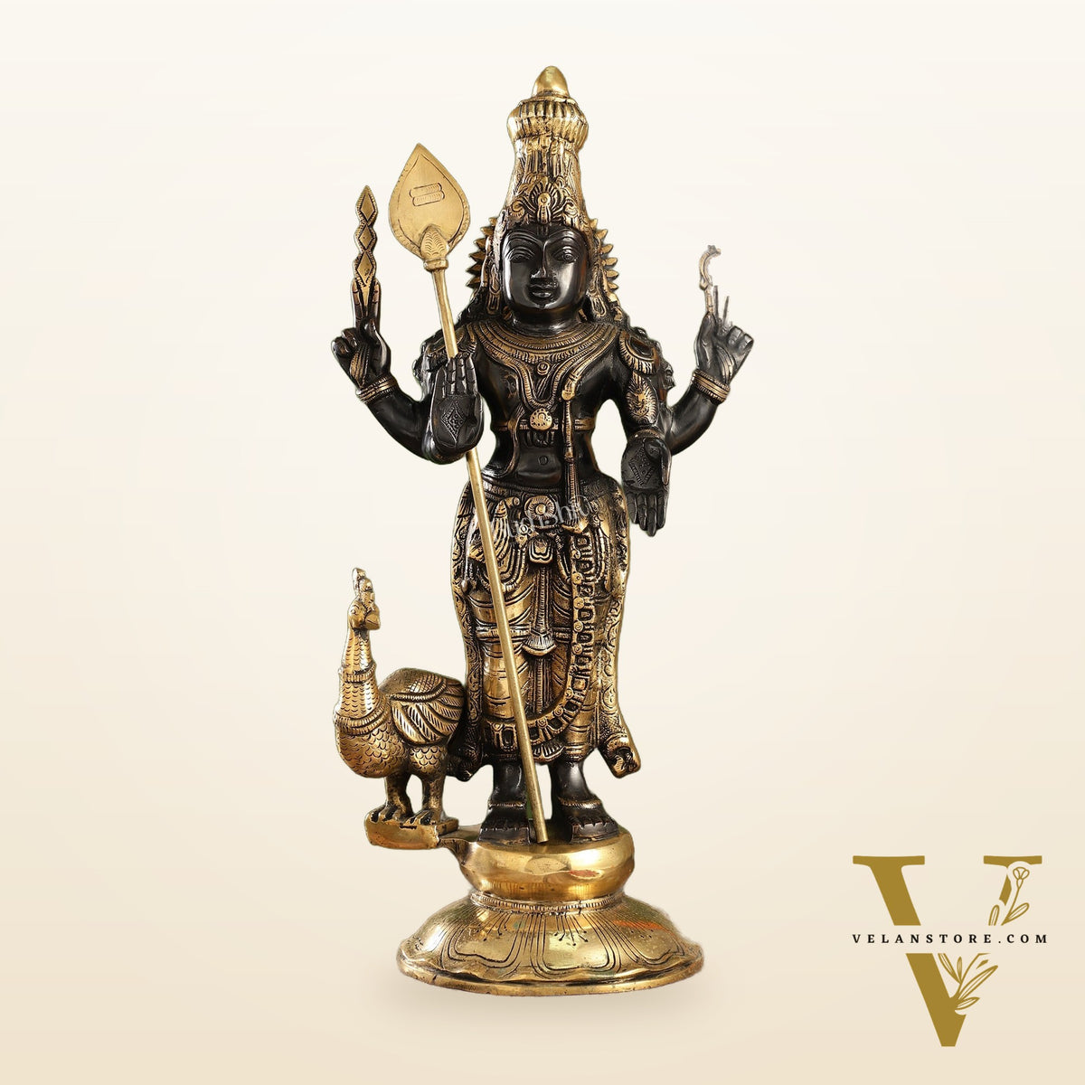 Exquisite Black Gold Brass Murugan KumarSwamy Kartikeya Statue with Peacock | 20" Height
