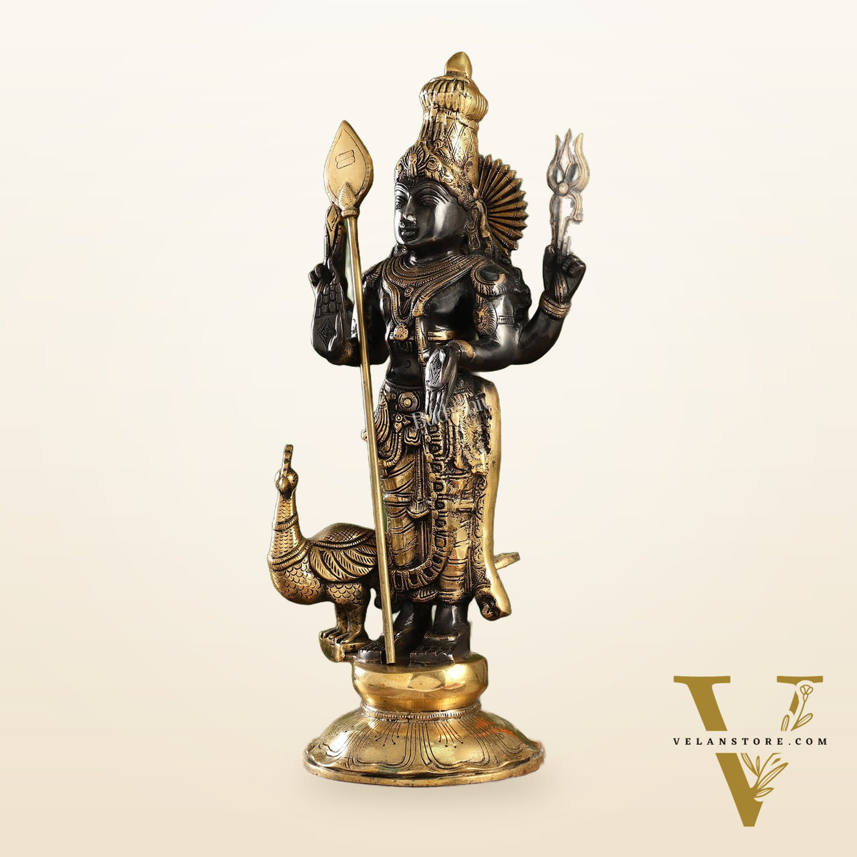 Exquisite Black Gold Brass Murugan KumarSwamy Kartikeya Statue with Peacock | 20" Height