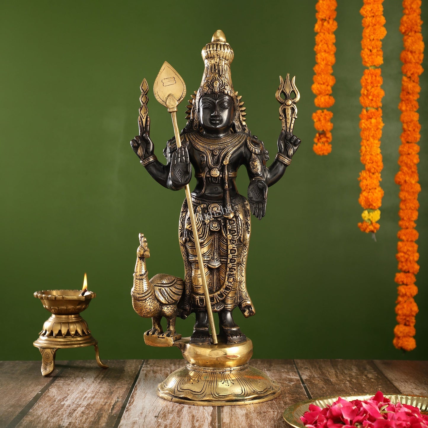 Exquisite Black Gold Brass Murugan KumarSwamy Kartikeya Statue with Peacock | 20" Height