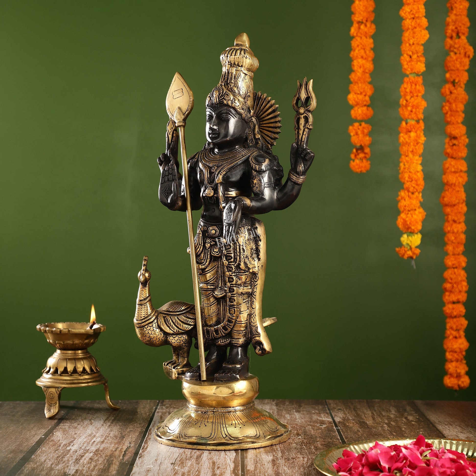 Exquisite Black Gold Brass Murugan KumarSwamy Kartikeya Statue with Peacock | 20" Height