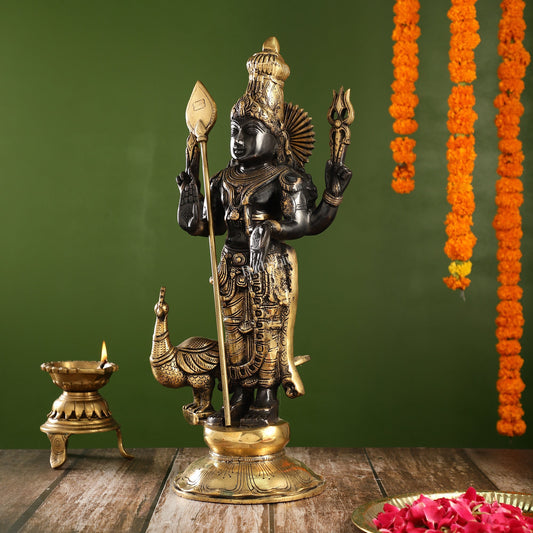 Exquisite Black Gold Brass Murugan KumarSwamy Kartikeya Statue with Peacock | 20" Height