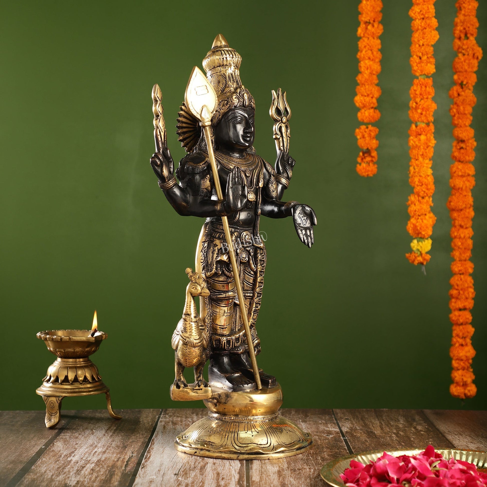 Exquisite Black Gold Brass Murugan KumarSwamy Kartikeya Statue with Peacock | 20" Height