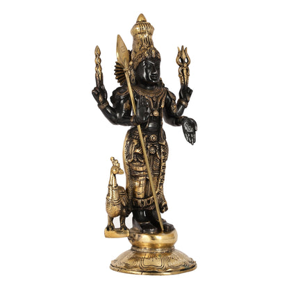 Exquisite Black Gold Brass Murugan KumarSwamy Kartikeya Statue with Peacock | 20" Height