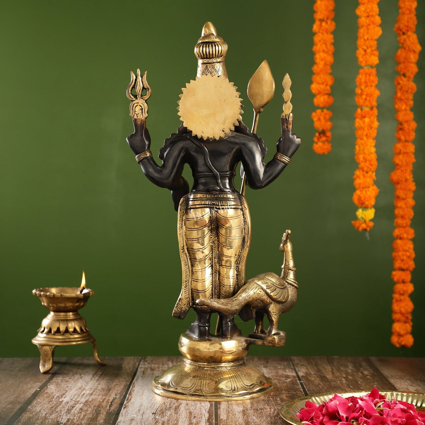 Exquisite Black Gold Brass Murugan KumarSwamy Kartikeya Statue with Peacock | 20" Height