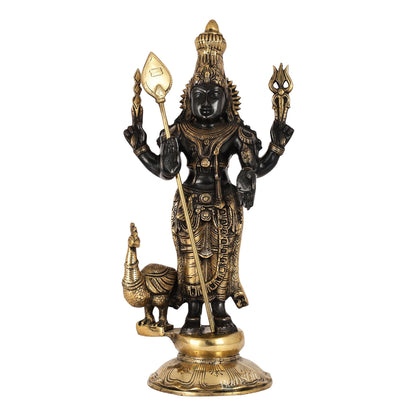 Exquisite Black Gold Brass Murugan KumarSwamy Kartikeya Statue with Peacock | 20" Height