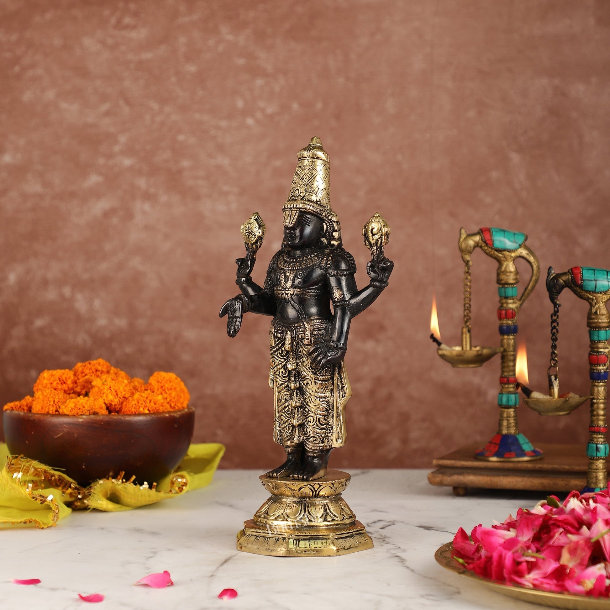 Exquisite Black & Gold Brass Tirupati Balaji Statue | 12" Height | Divine Elegance