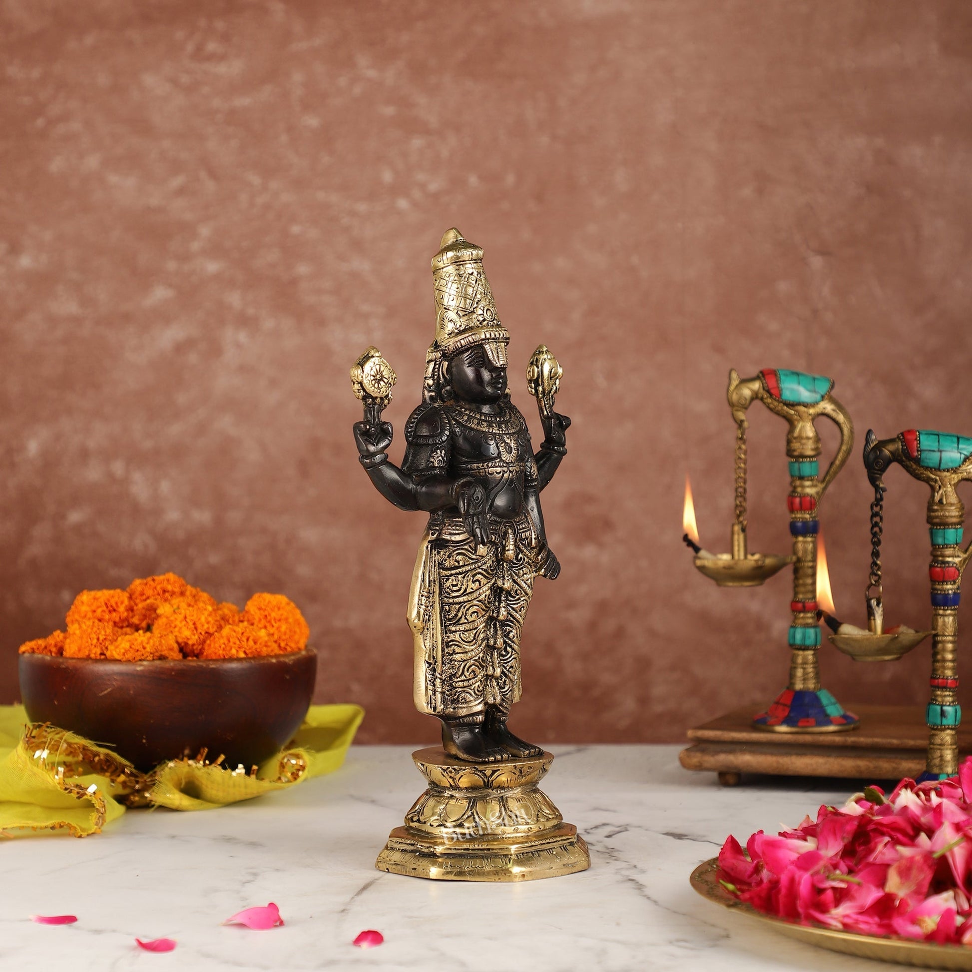Exquisite Black & Gold Brass Tirupati Balaji Statue | 12" Height | Divine Elegance