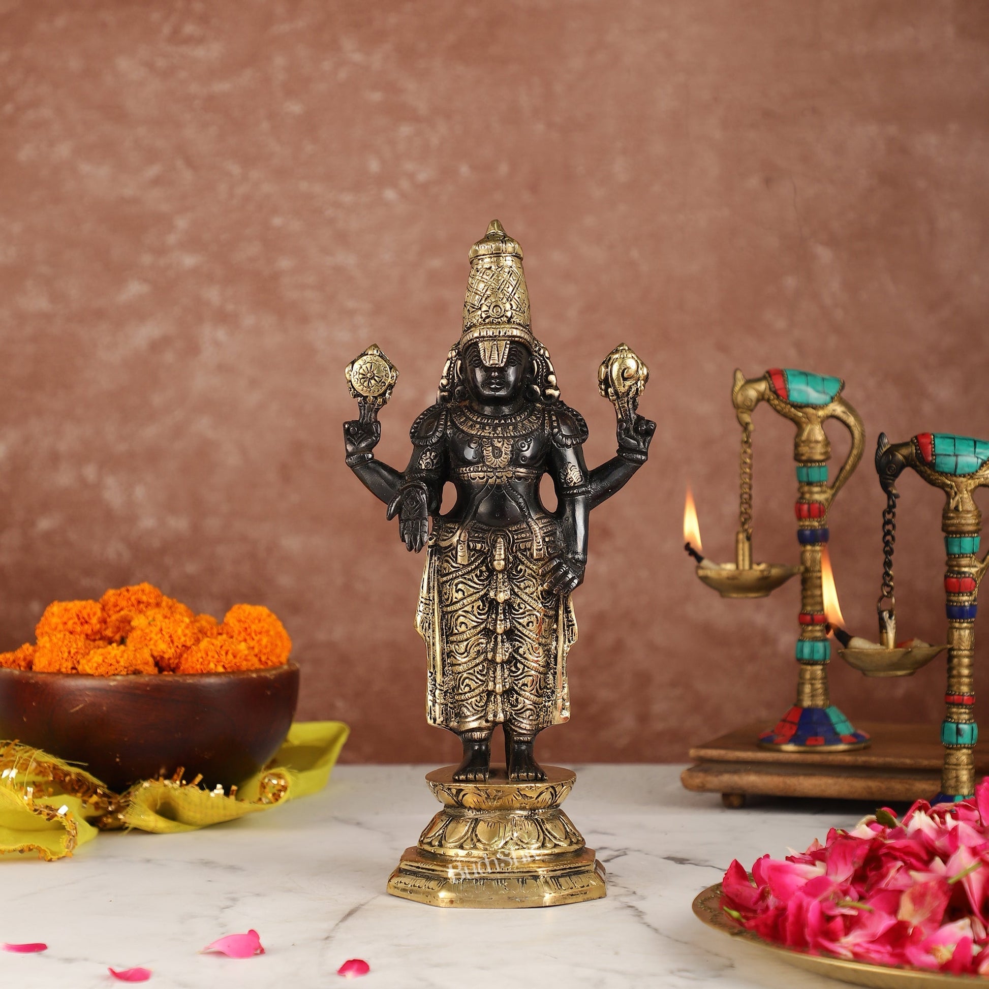 Exquisite Black & Gold Brass Tirupati Balaji Statue | 12" Height | Divine Elegance
