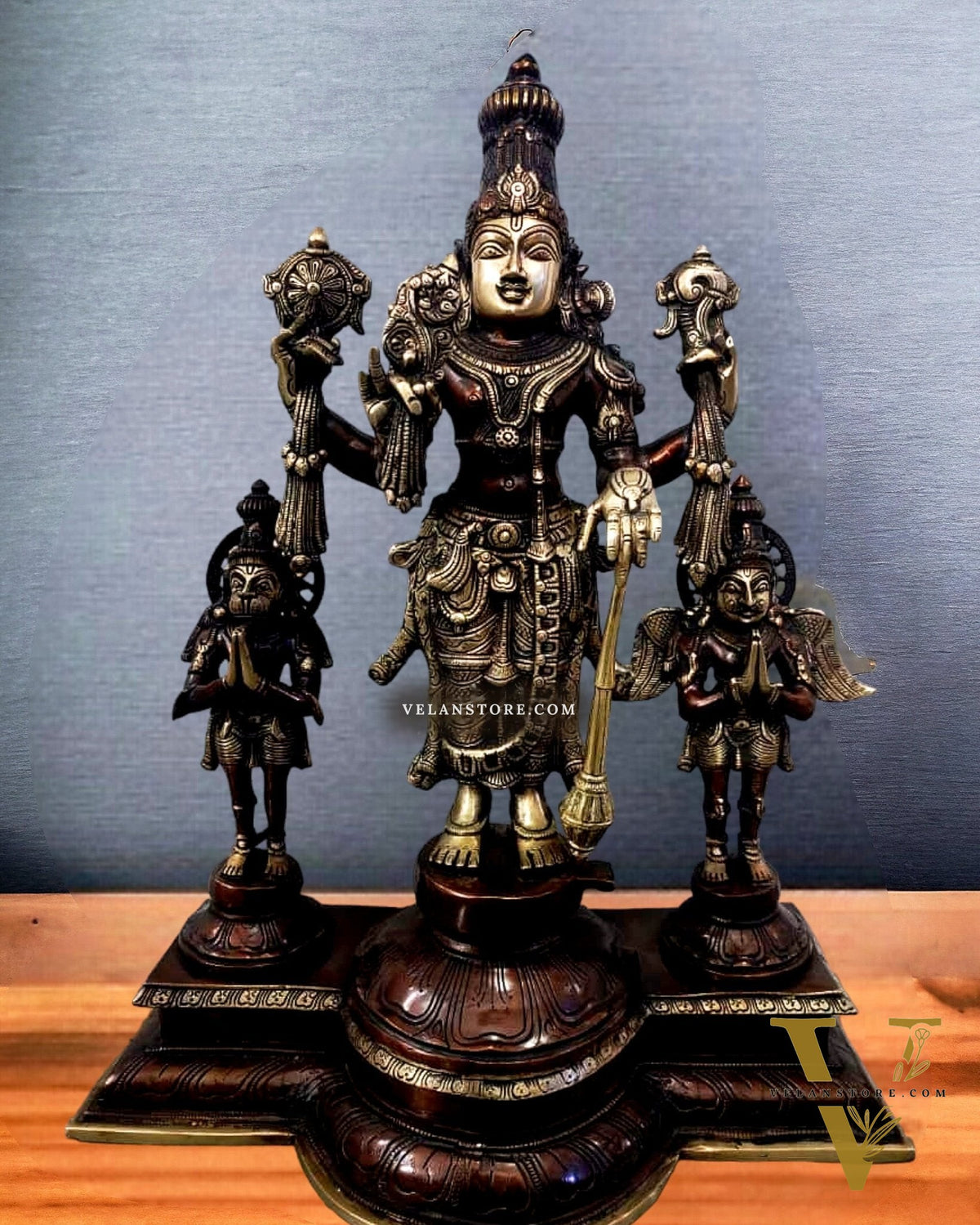 Exquisite Brass Antique Brown Patina Vishnu Statue with Garuda and Hanuman - 24" Standing Sculpture