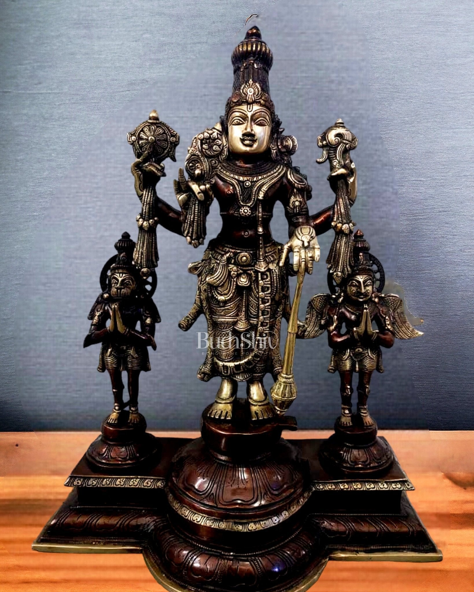 Exquisite Brass Antique Brown Patina Vishnu Statue with Garuda and Hanuman - 24" Standing Sculpture