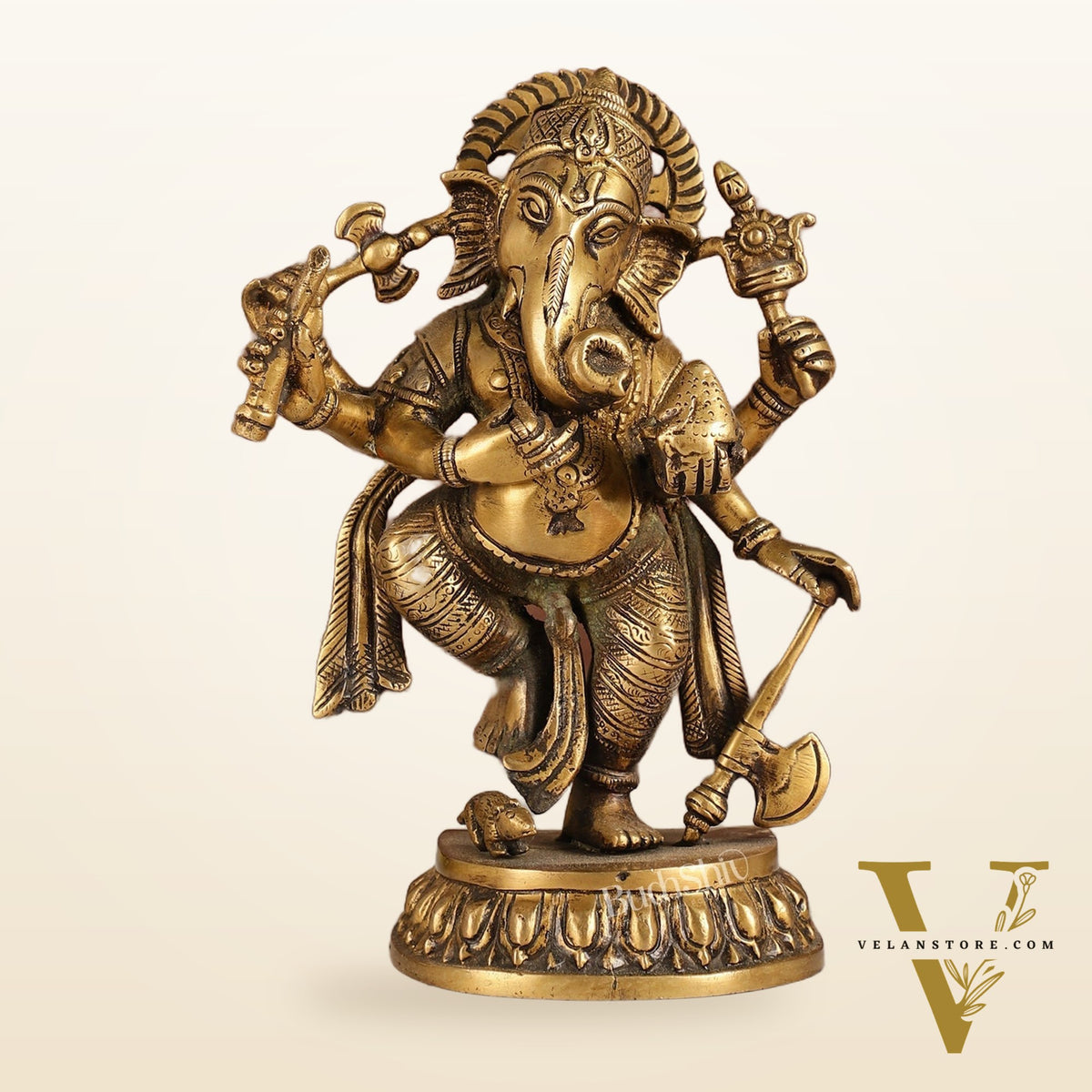 Exquisite Brass Antique Finish Dancing Ganapati with 6 Arms - 10 inches Height