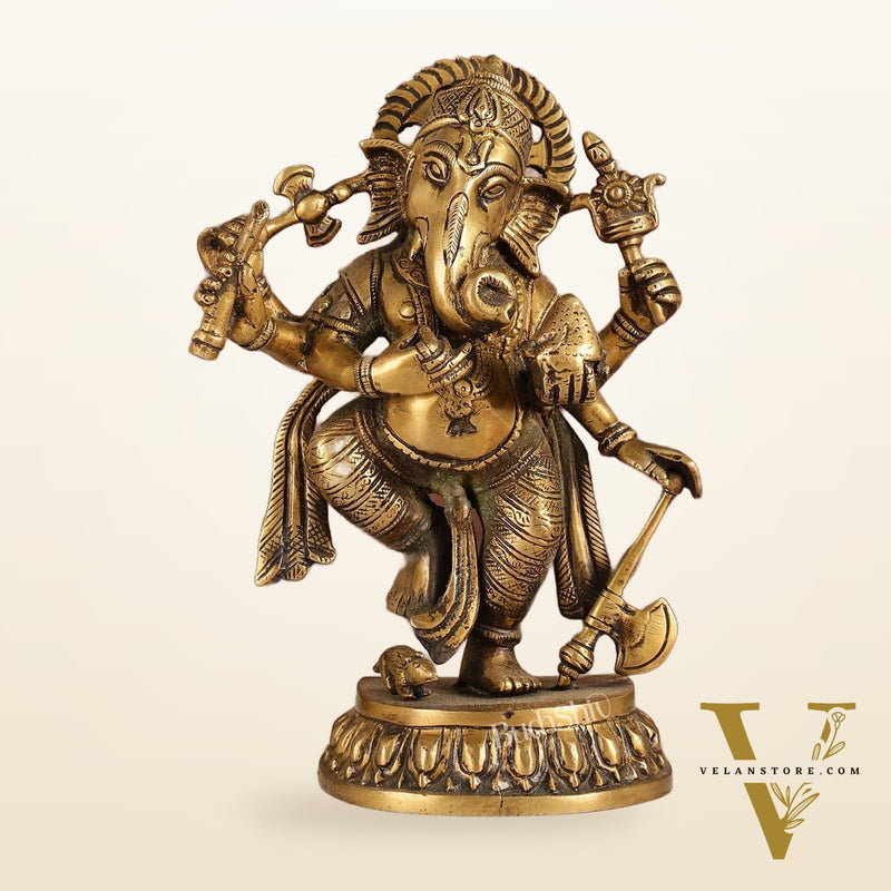 Exquisite Brass Antique Finish Dancing Ganapati with 6 Arms - 10 inches Height