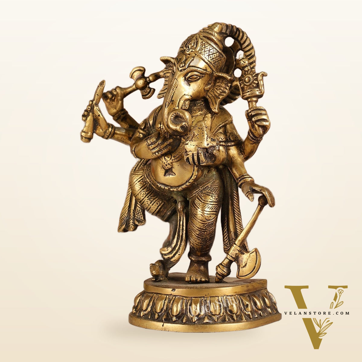 Exquisite Brass Antique Finish Dancing Ganapati with 6 Arms - 10 inches Height