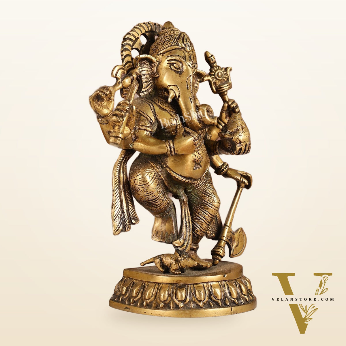 Exquisite Brass Antique Finish Dancing Ganapati with 6 Arms - 10 inches Height