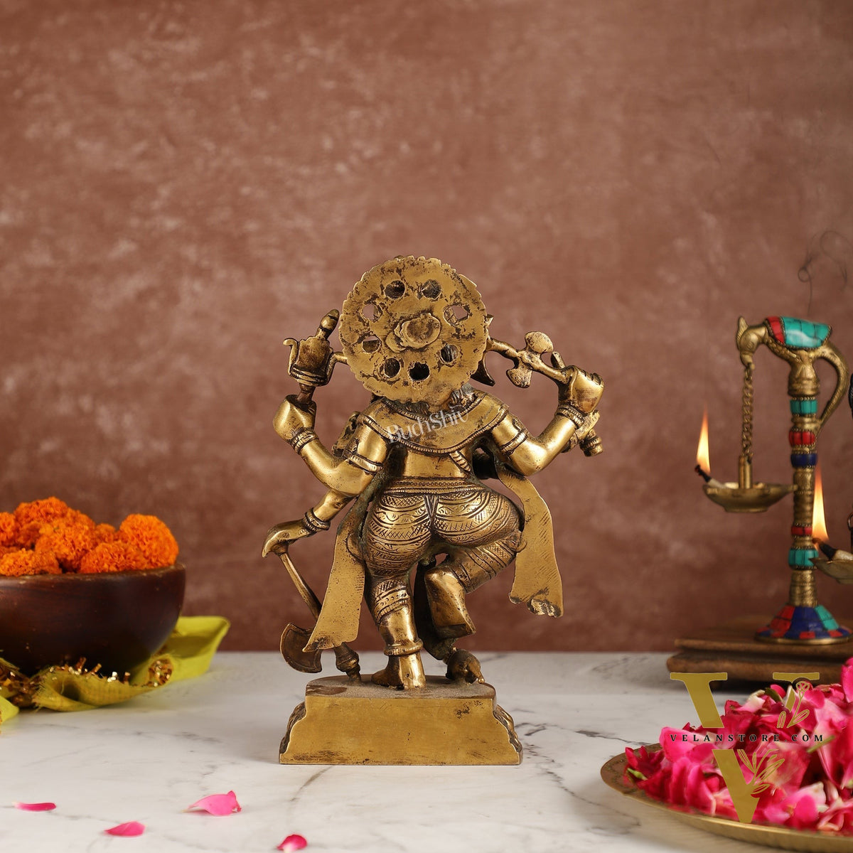 Exquisite Brass Antique Finish Dancing Ganapati with 6 Arms - 10 inches Height