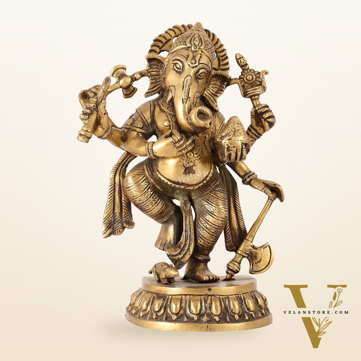 Exquisite Brass Antique Finish Dancing Ganapati with 6 Arms - 10 inches Height