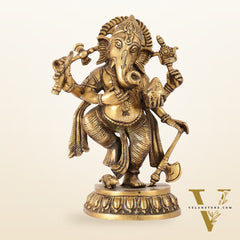 Exquisite Brass Antique Finish Dancing Ganapati with 6 Arms - 10 inches Height