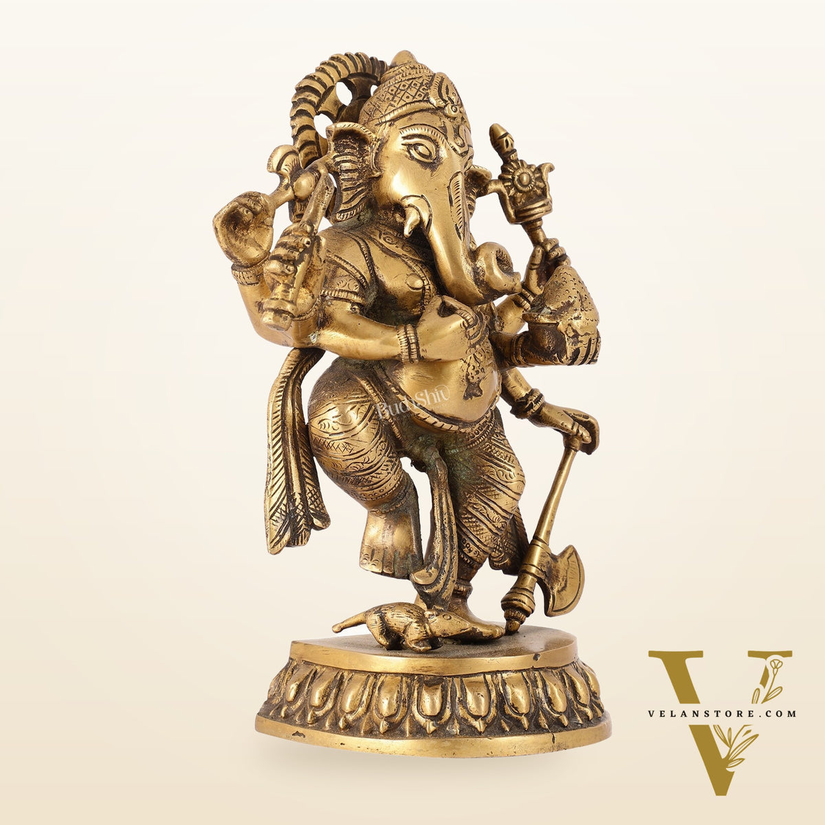Exquisite Brass Antique Finish Dancing Ganapati with 6 Arms - 10 inches Height