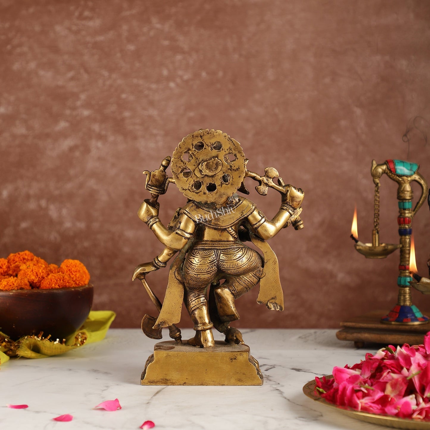 Exquisite Brass Antique Finish Dancing Ganapati with 6 Arms - 10 inches Height