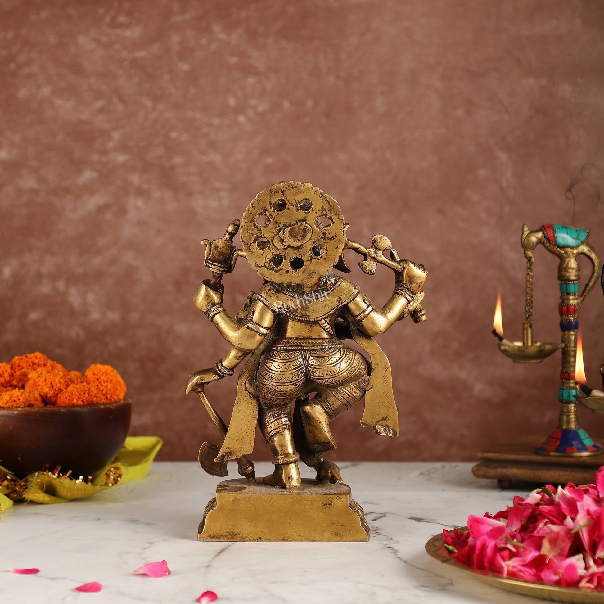 Exquisite Brass Antique Finish Dancing Ganapati with 6 Arms - 10 inches Height