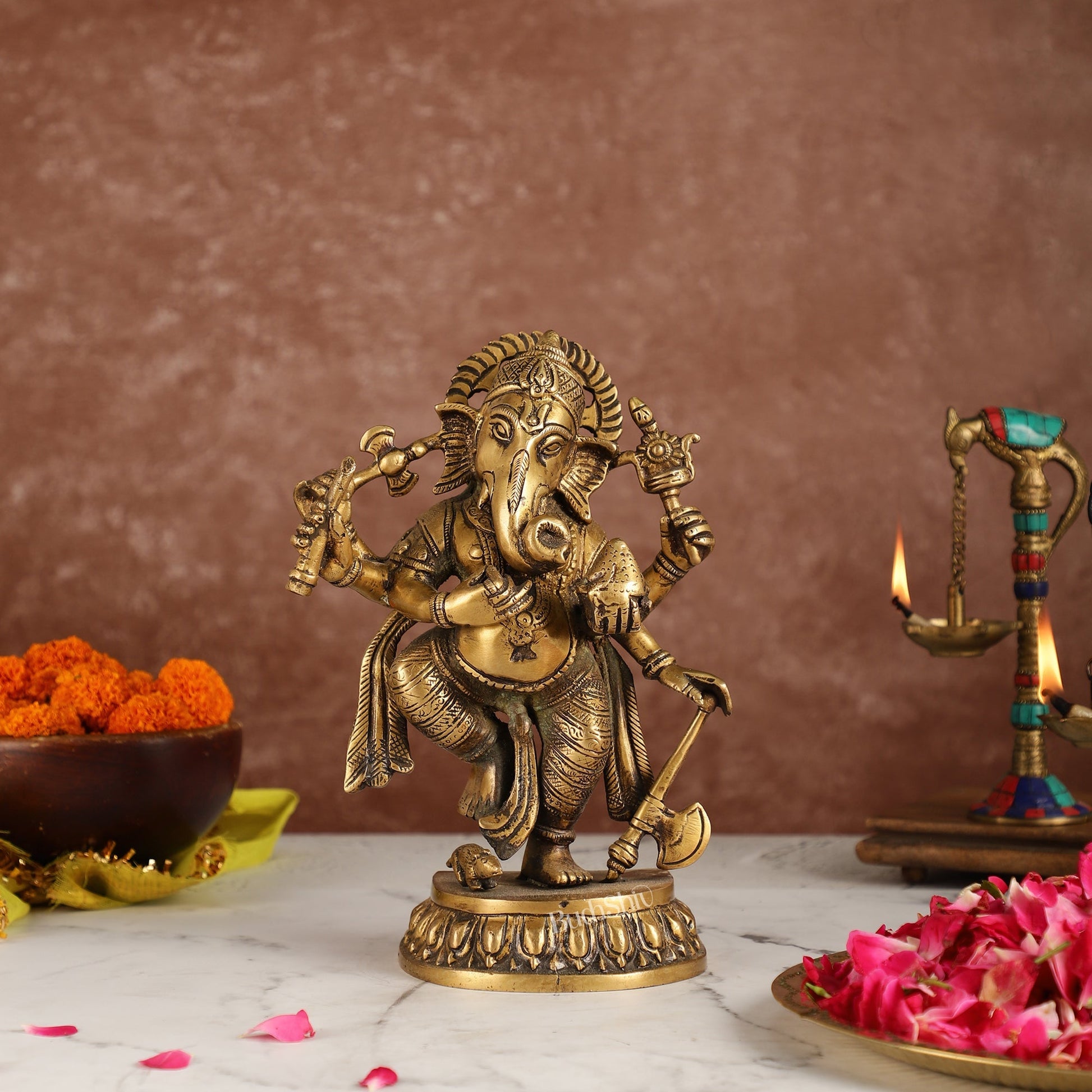 Exquisite Brass Antique Finish Dancing Ganapati with 6 Arms - 10 inches Height