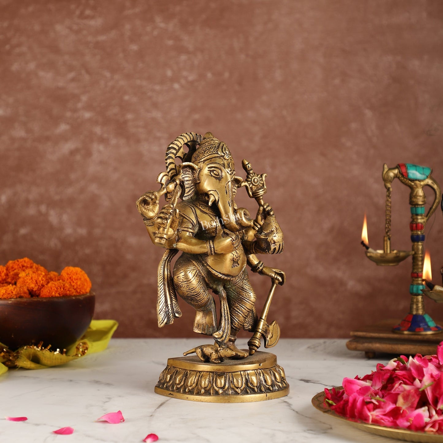 Exquisite Brass Antique Finish Dancing Ganapati with 6 Arms - 10 inches Height