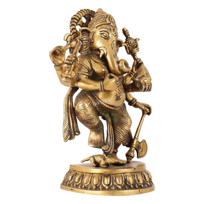 Exquisite Brass Antique Finish Dancing Ganapati with 6 Arms - 10 inches Height