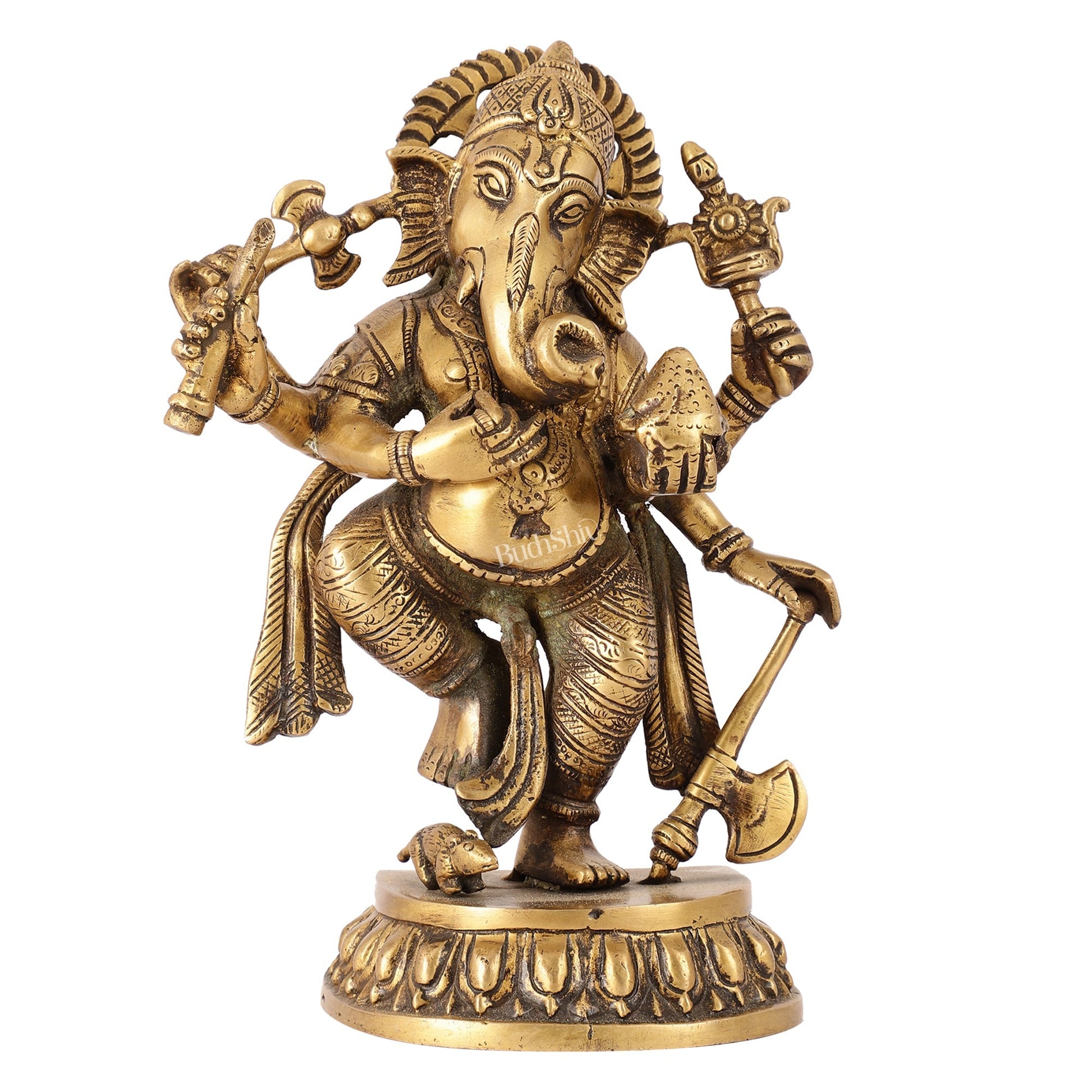 Exquisite Brass Antique Finish Dancing Ganapati with 6 Arms - 10 inches Height
