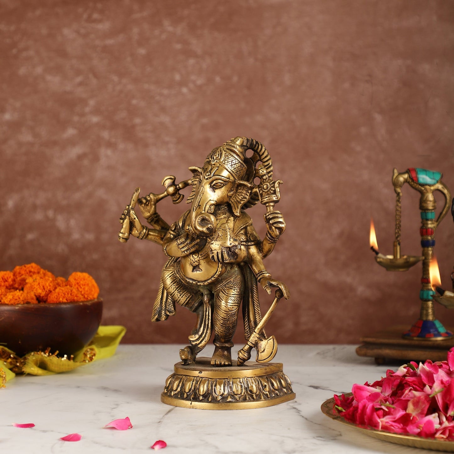 Exquisite Brass Antique Finish Dancing Ganapati with 6 Arms - 10 inches Height