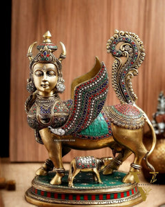 Exquisite Brass antique  Kamdhenu Cow with calf  Statue | 16.5"