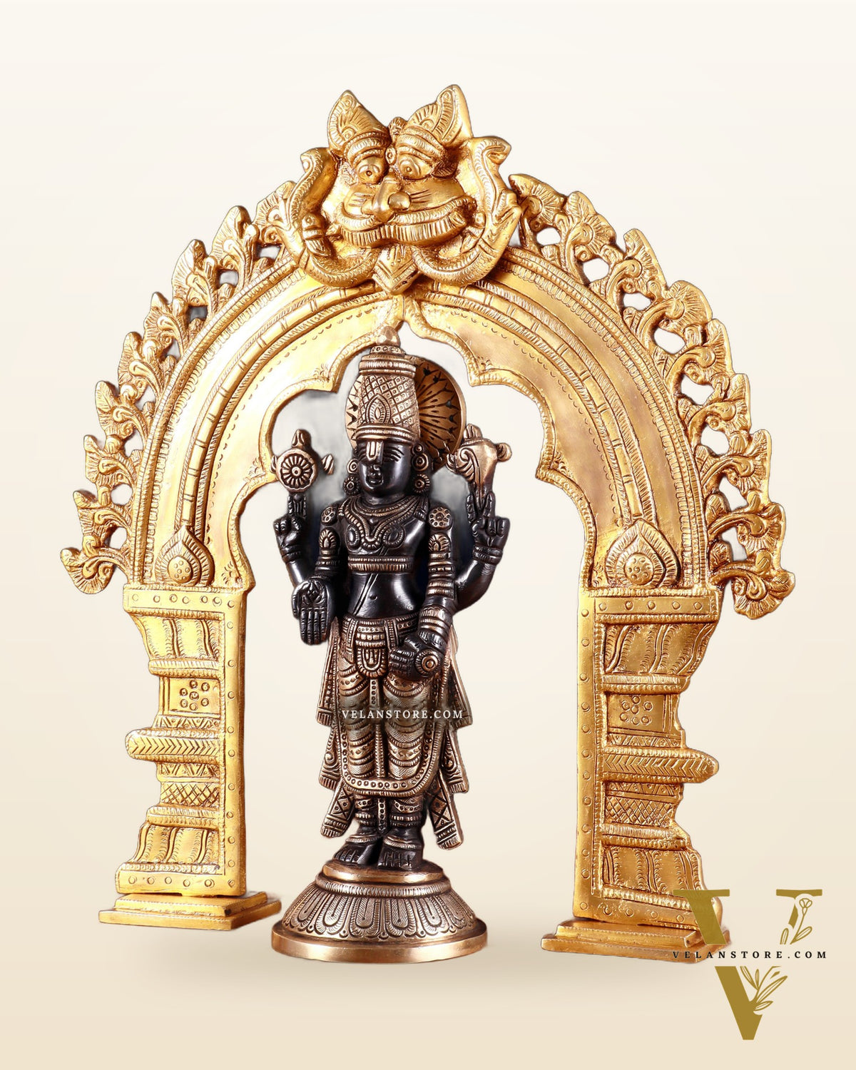 Exquisite Brass Black Tirupati Balaji Idol with Prabhavali arch Set 17"
