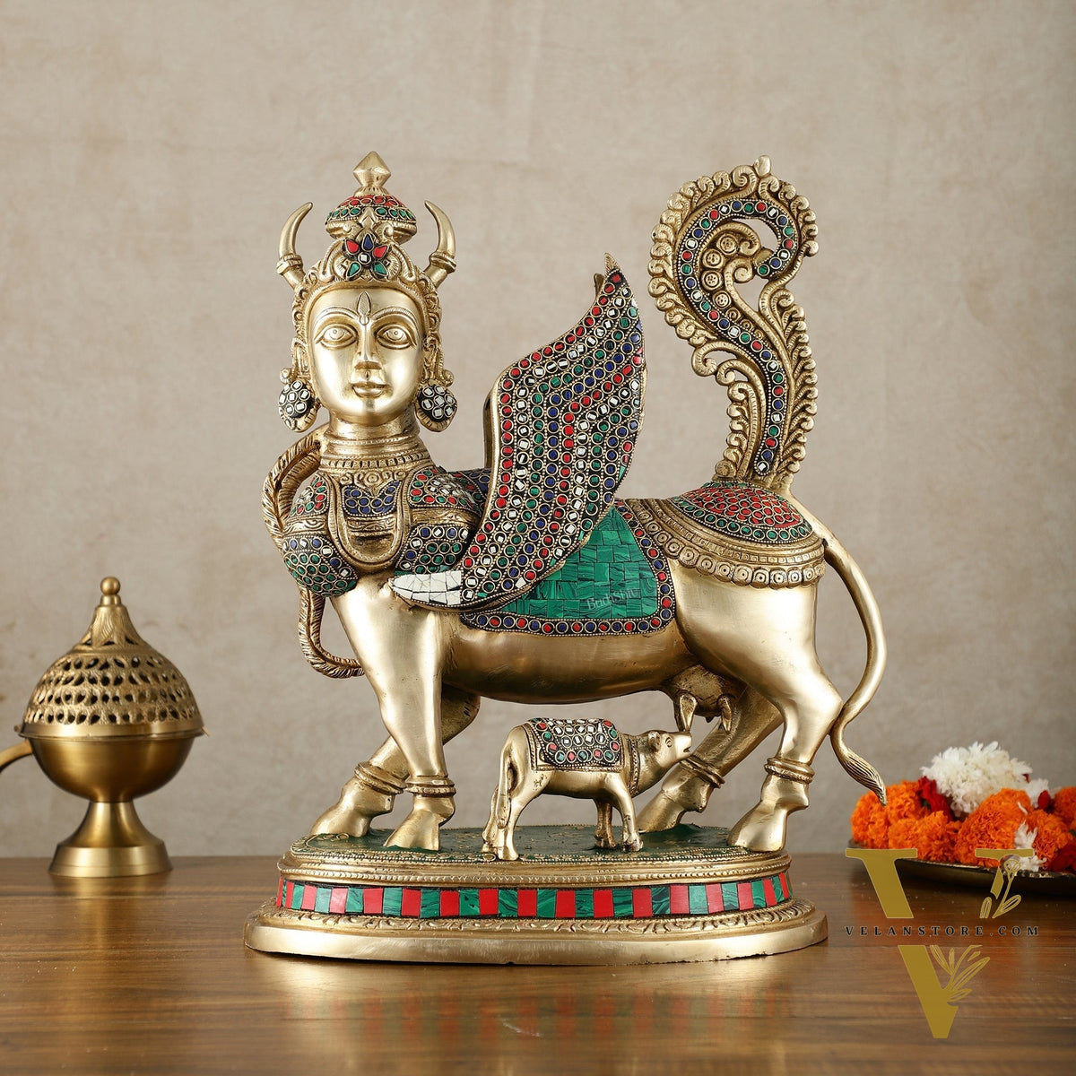 Exquisite Brass Bright Kamdhenu Cow with calf  Statue | 16.5" matte finish