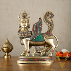 Exquisite Brass Bright Kamdhenu Cow with calf  Statue | 16.5" matte finish