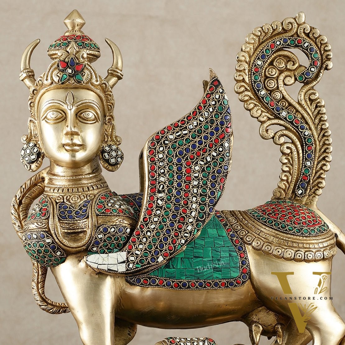 Exquisite Brass Bright Kamdhenu Cow with calf  Statue | 16.5" matte finish