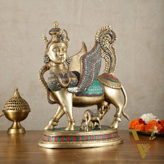 Exquisite Brass Bright Kamdhenu Cow with calf  Statue | 16.5" matte finish