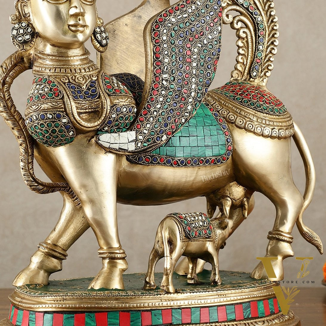 Exquisite Brass Bright Kamdhenu Cow with calf  Statue | 16.5" matte finish