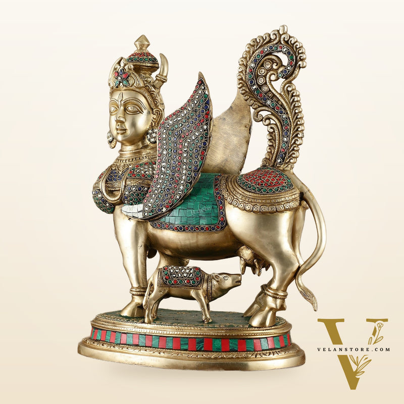Exquisite Brass Bright Kamdhenu Cow with calf  Statue | 16.5" matte finish
