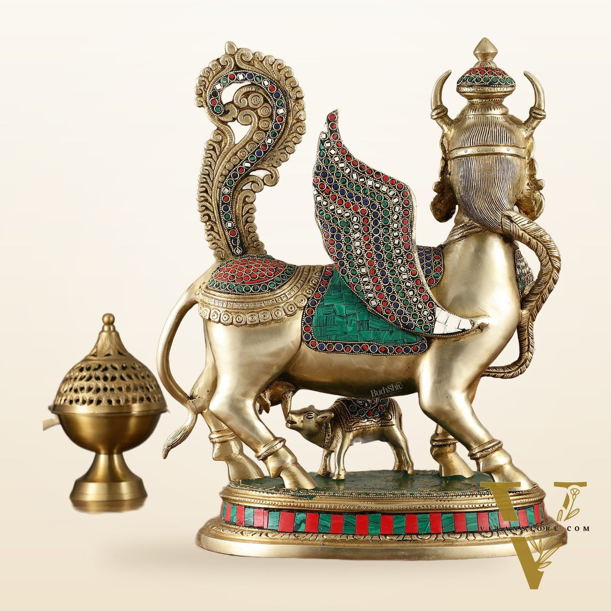 Exquisite Brass Bright Kamdhenu Cow with calf  Statue | 16.5" matte finish