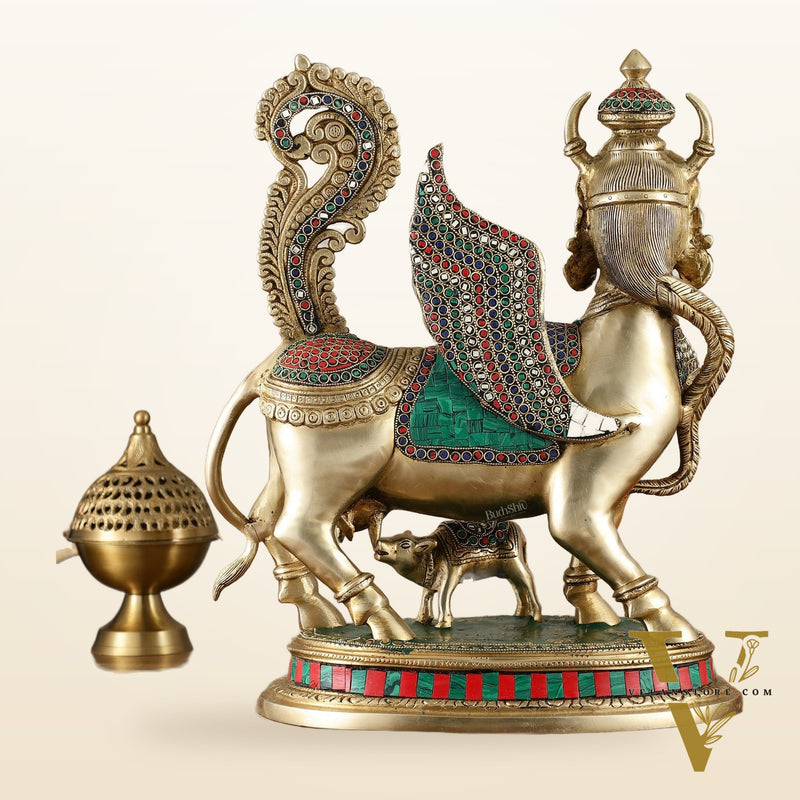 Exquisite Brass Bright Kamdhenu Cow with calf  Statue | 16.5" matte finish