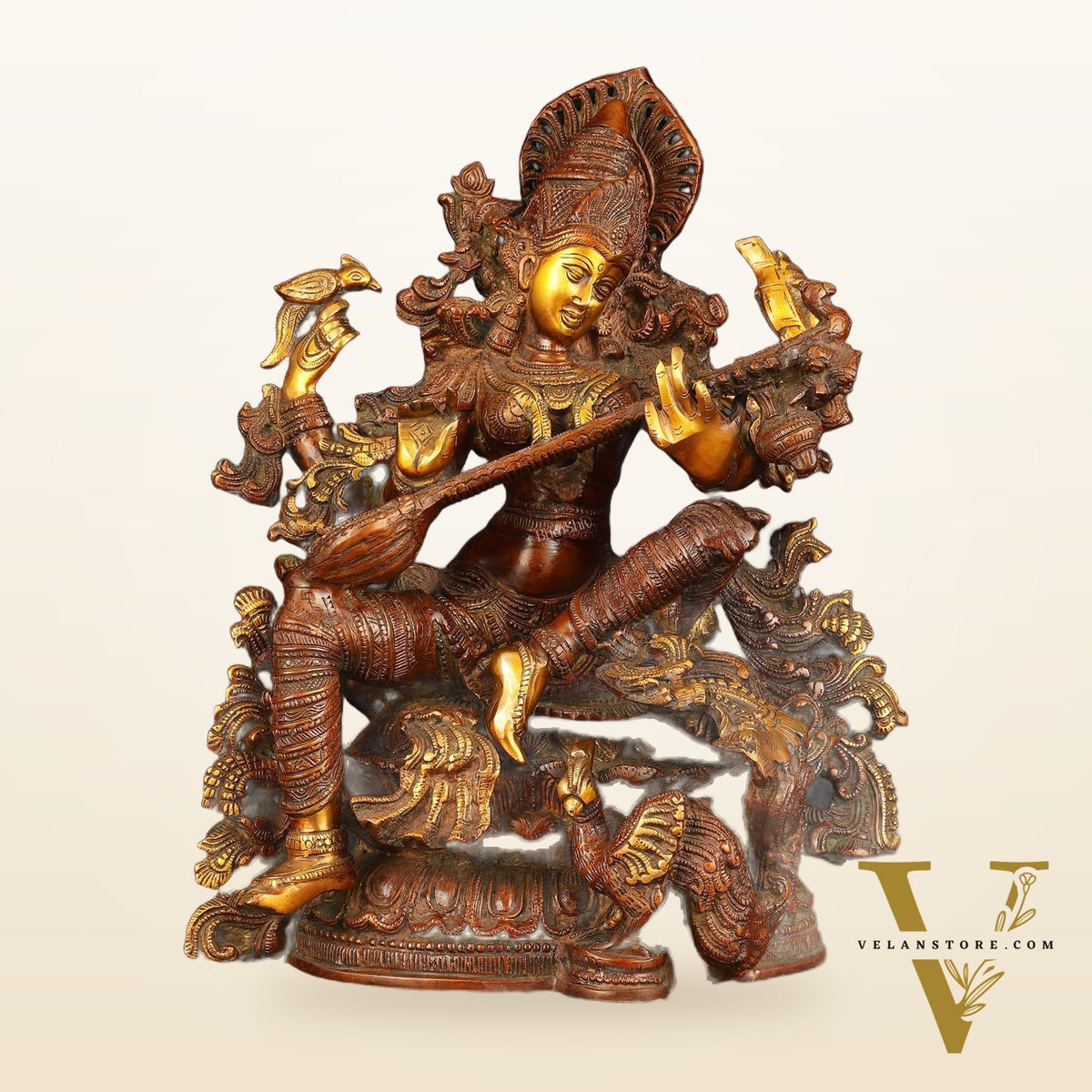 Exquisite Brass Bronze Finish Saraswati Idol - 16" Divine Sculpture