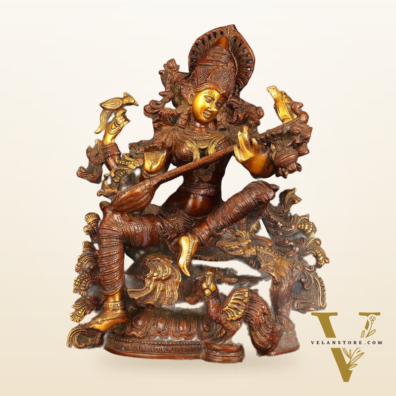Exquisite Brass Bronze Finish Saraswati Idol - 16" Divine Sculpture