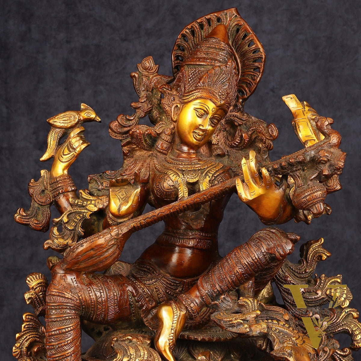 Exquisite Brass Bronze Finish Saraswati Idol - 16" Divine Sculpture