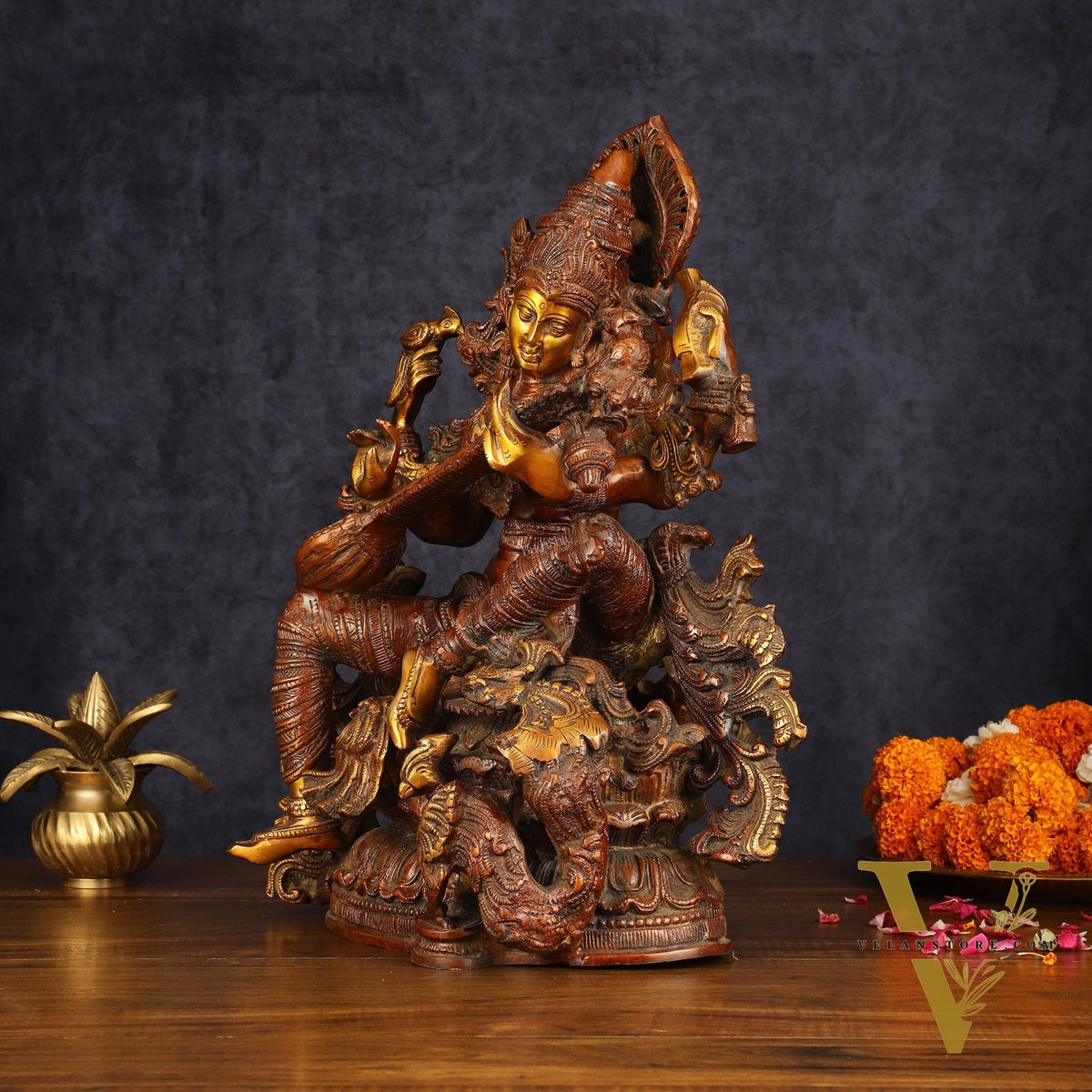 Exquisite Brass Bronze Finish Saraswati Idol - 16" Divine Sculpture