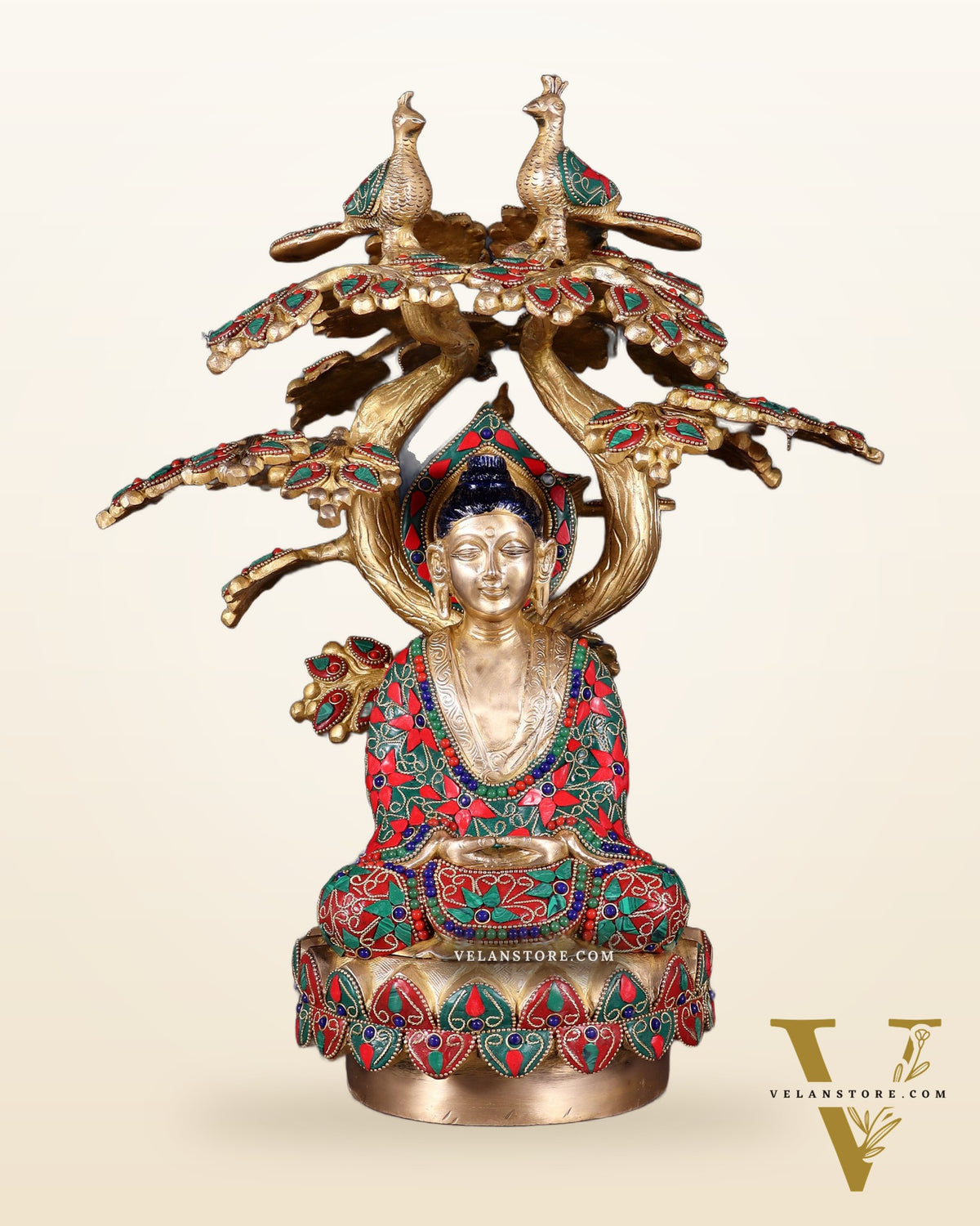 Exquisite Brass Buddha Under Tree Statue - 16.5" Floral stonework