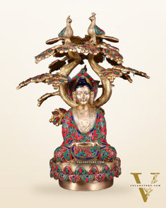 Exquisite Brass Buddha Under Tree Statue - 16.5" Floral stonework
